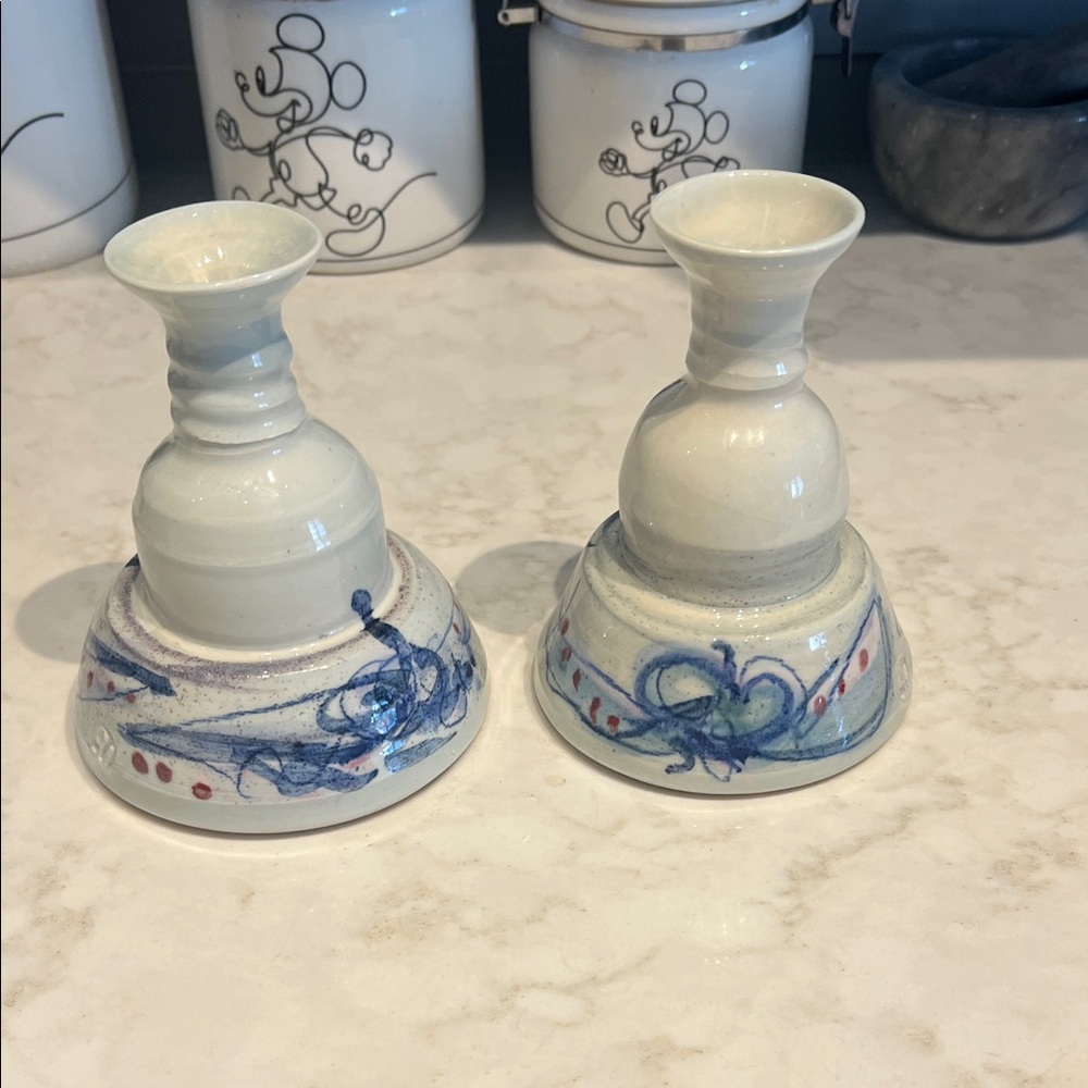 Vintage and handcrafted studio pottery Candle Holders, bud vase - White and Blue